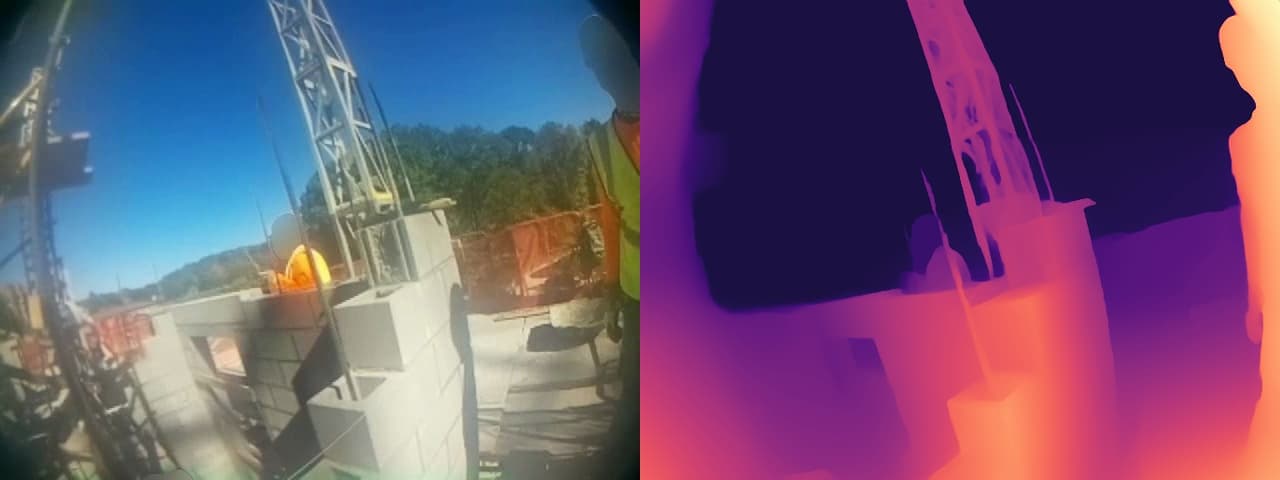 side by side hardhat video frame and depth map from the vima masonry run